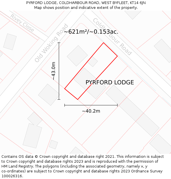 PYRFORD LODGE, COLDHARBOUR ROAD, WEST BYFLEET, KT14 6JN: Plot and title map