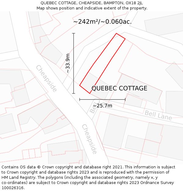 QUEBEC COTTAGE, CHEAPSIDE, BAMPTON, OX18 2JL: Plot and title map