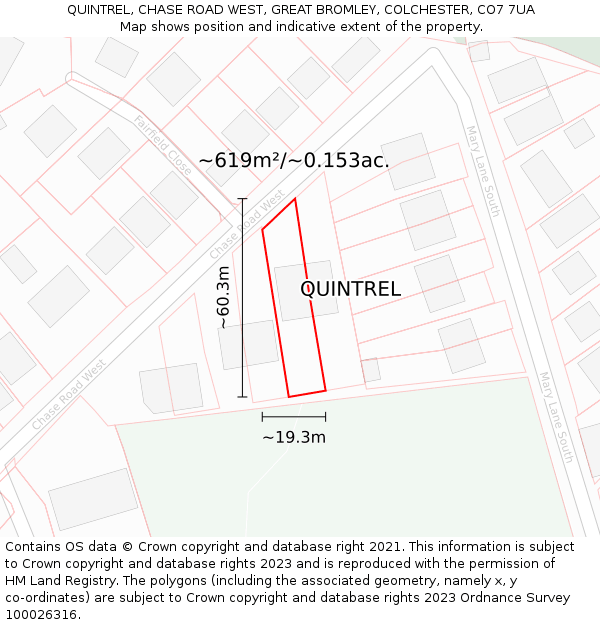 QUINTREL, CHASE ROAD WEST, GREAT BROMLEY, COLCHESTER, CO7 7UA: Plot and title map