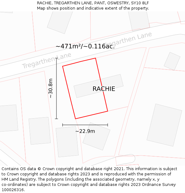 RACHIE, TREGARTHEN LANE, PANT, OSWESTRY, SY10 8LF: Plot and title map