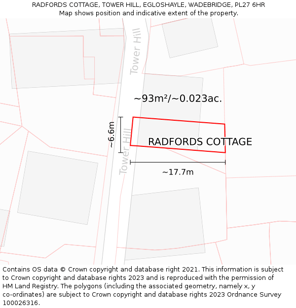RADFORDS COTTAGE, TOWER HILL, EGLOSHAYLE, WADEBRIDGE, PL27 6HR: Plot and title map
