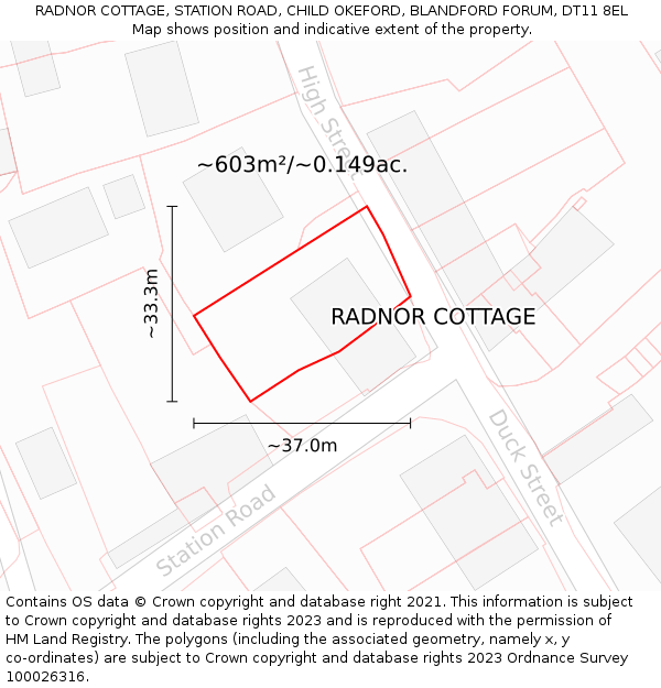 RADNOR COTTAGE, STATION ROAD, CHILD OKEFORD, BLANDFORD FORUM, DT11 8EL: Plot and title map