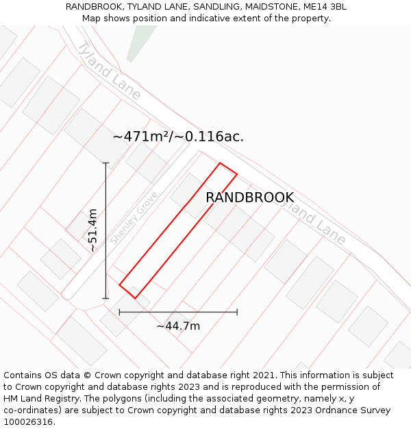 RANDBROOK, TYLAND LANE, SANDLING, MAIDSTONE, ME14 3BL: Plot and title map