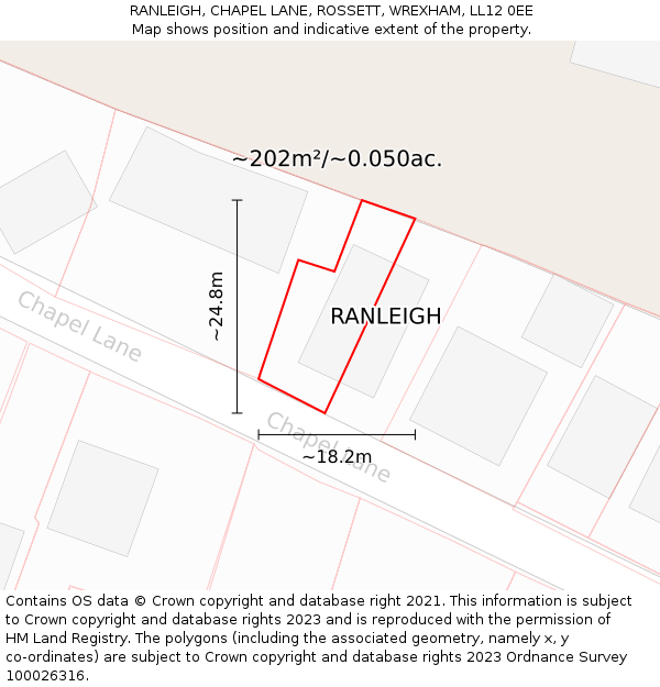RANLEIGH, CHAPEL LANE, ROSSETT, WREXHAM, LL12 0EE: Plot and title map