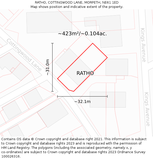 RATHO, COTTINGWOOD LANE, MORPETH, NE61 1ED: Plot and title map
