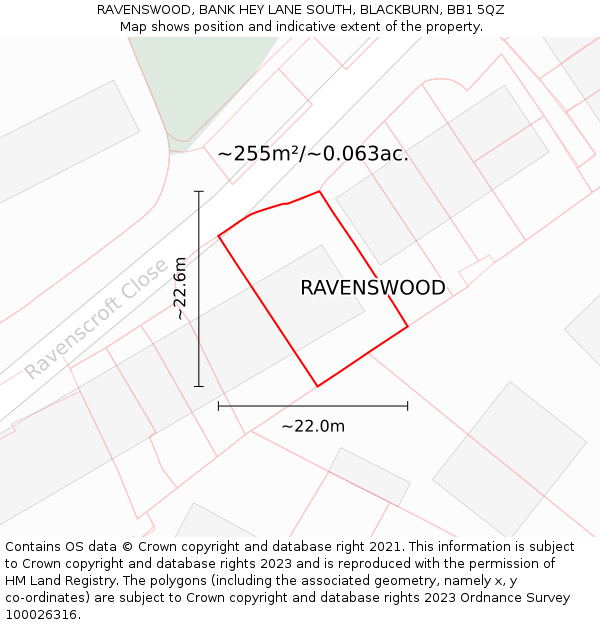 RAVENSWOOD, BANK HEY LANE SOUTH, BLACKBURN, BB1 5QZ: Plot and title map