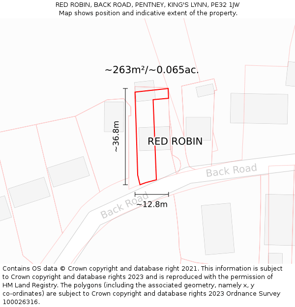 RED ROBIN, BACK ROAD, PENTNEY, KING'S LYNN, PE32 1JW: Plot and title map