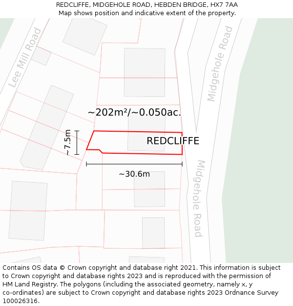 REDCLIFFE, MIDGEHOLE ROAD, HEBDEN BRIDGE, HX7 7AA: Plot and title map