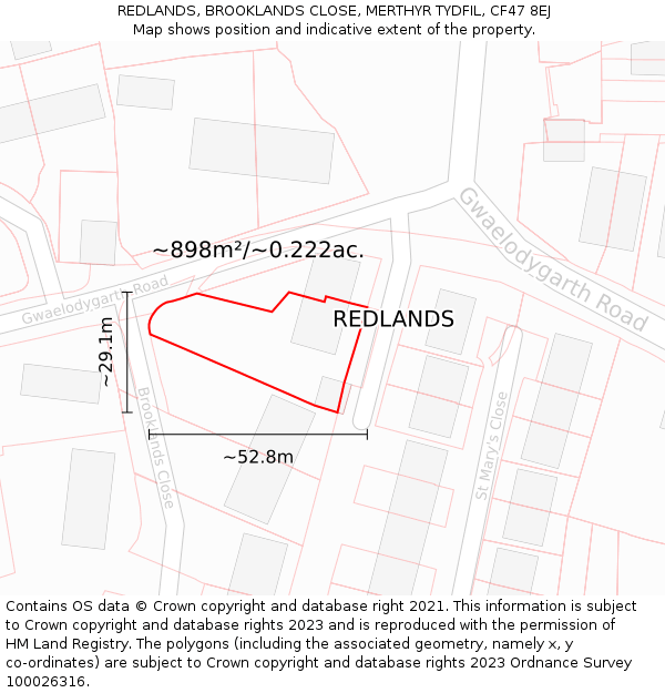 REDLANDS, BROOKLANDS CLOSE, MERTHYR TYDFIL, CF47 8EJ: Plot and title map