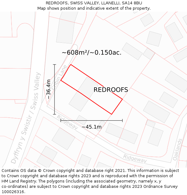 REDROOFS, SWISS VALLEY, LLANELLI, SA14 8BU: Plot and title map