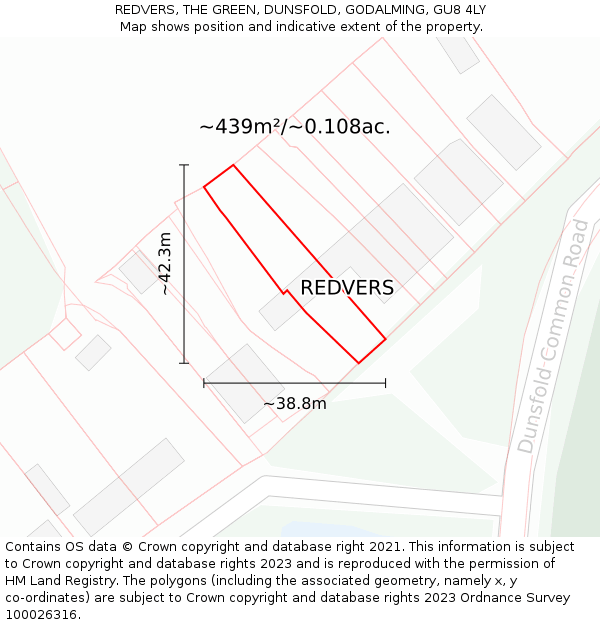 REDVERS, THE GREEN, DUNSFOLD, GODALMING, GU8 4LY: Plot and title map