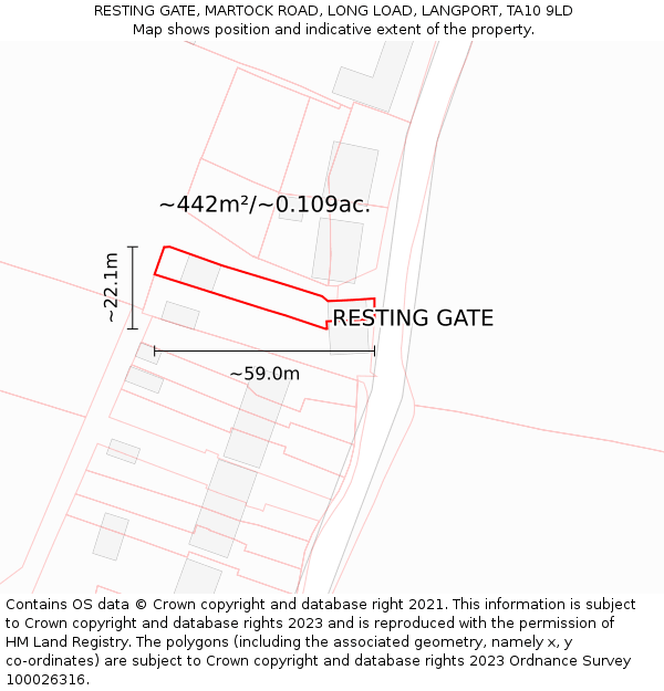 RESTING GATE, MARTOCK ROAD, LONG LOAD, LANGPORT, TA10 9LD: Plot and title map