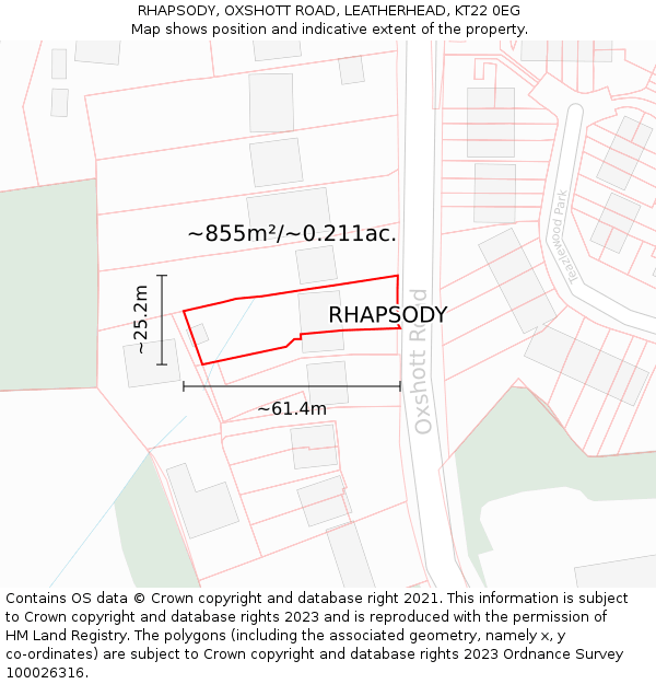 RHAPSODY, OXSHOTT ROAD, LEATHERHEAD, KT22 0EG: Plot and title map