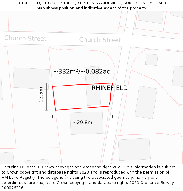 RHINEFIELD, CHURCH STREET, KEINTON MANDEVILLE, SOMERTON, TA11 6ER: Plot and title map
