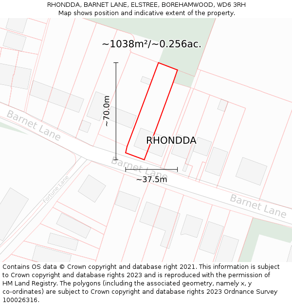 RHONDDA, BARNET LANE, ELSTREE, BOREHAMWOOD, WD6 3RH: Plot and title map