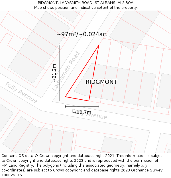 RIDGMONT, LADYSMITH ROAD, ST ALBANS, AL3 5QA: Plot and title map