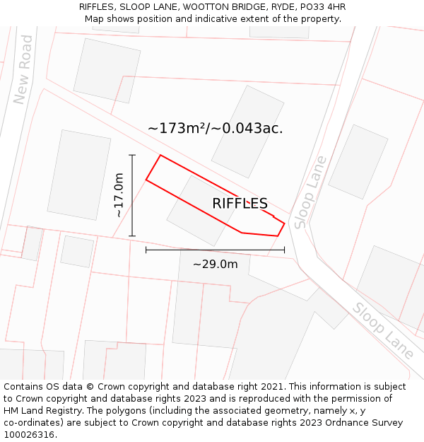RIFFLES, SLOOP LANE, WOOTTON BRIDGE, RYDE, PO33 4HR: Plot and title map