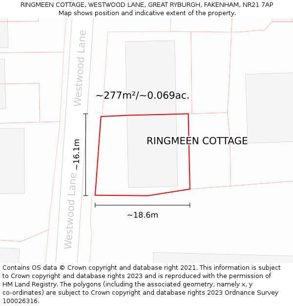 RINGMEEN COTTAGE, WESTWOOD LANE, GREAT RYBURGH, FAKENHAM, NR21 7AP: Plot and title map