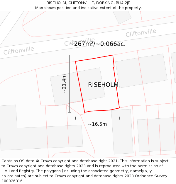RISEHOLM, CLIFTONVILLE, DORKING, RH4 2JF: Plot and title map