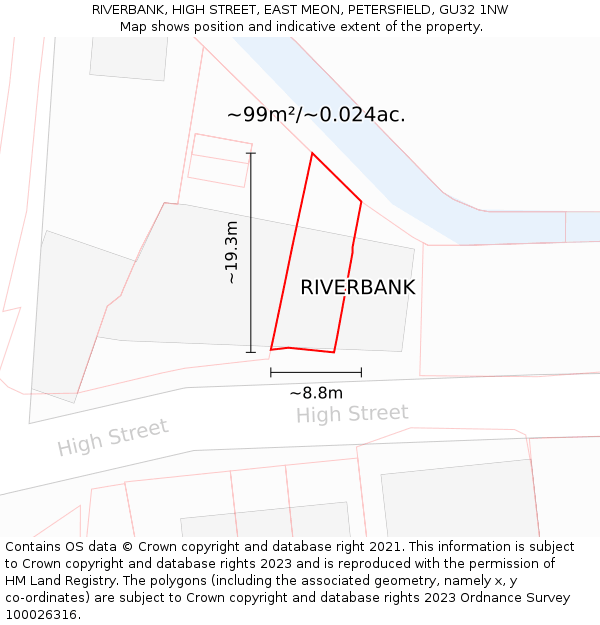 RIVERBANK, HIGH STREET, EAST MEON, PETERSFIELD, GU32 1NW: Plot and title map