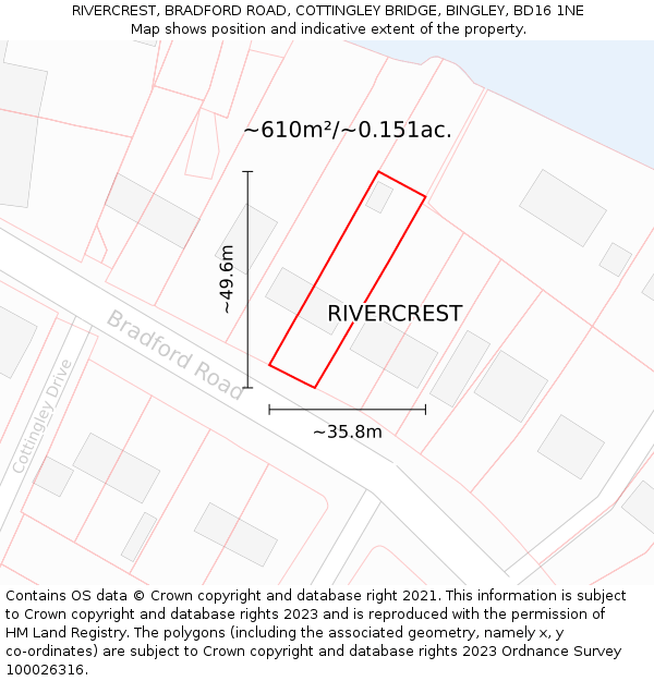 RIVERCREST, BRADFORD ROAD, COTTINGLEY BRIDGE, BINGLEY, BD16 1NE: Plot and title map