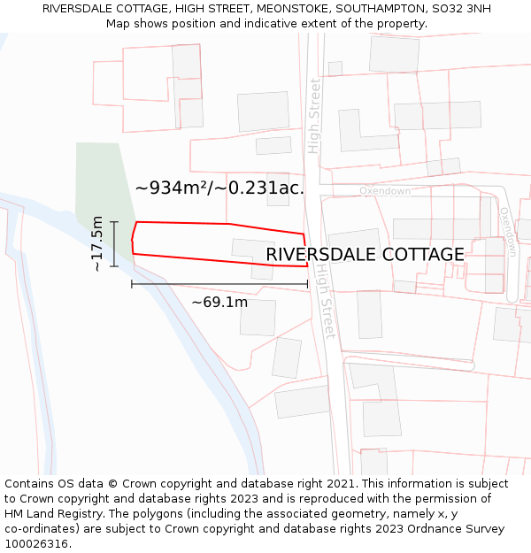 RIVERSDALE COTTAGE, HIGH STREET, MEONSTOKE, SOUTHAMPTON, SO32 3NH: Plot and title map