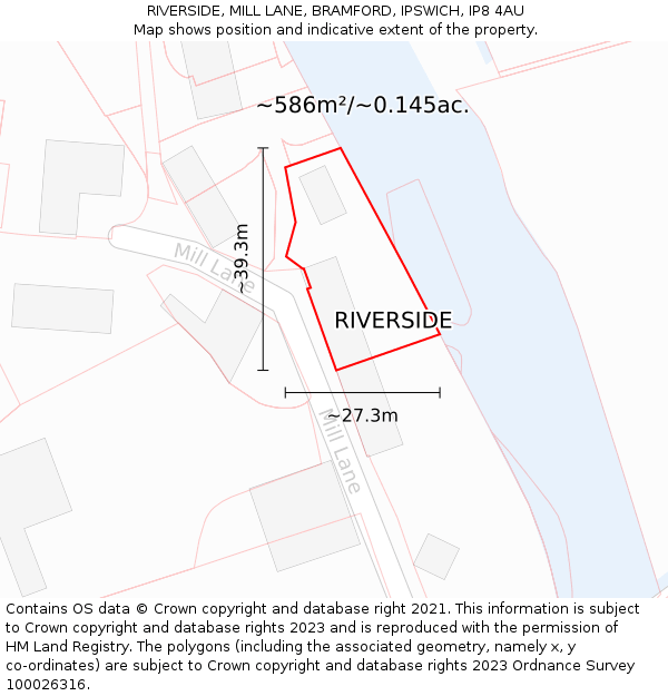 RIVERSIDE, MILL LANE, BRAMFORD, IPSWICH, IP8 4AU: Plot and title map