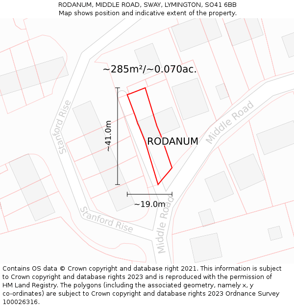 RODANUM, MIDDLE ROAD, SWAY, LYMINGTON, SO41 6BB: Plot and title map