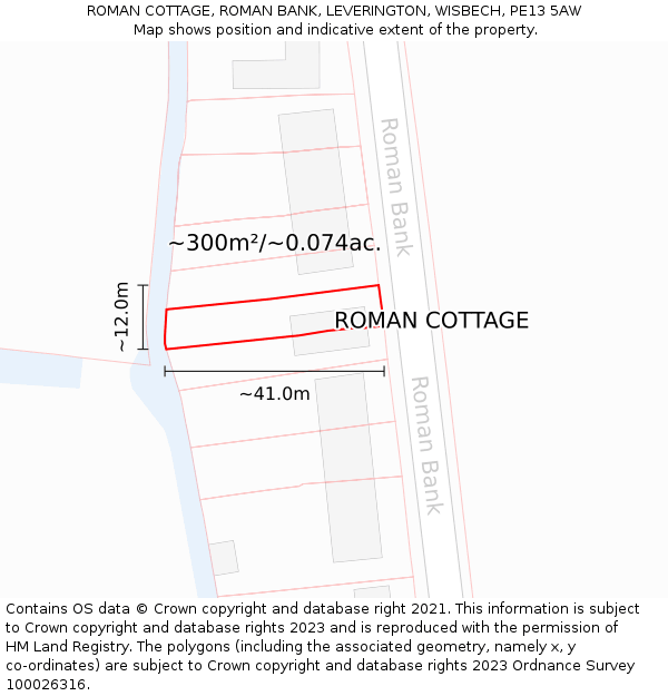 ROMAN COTTAGE, ROMAN BANK, LEVERINGTON, WISBECH, PE13 5AW: Plot and title map
