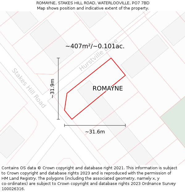 ROMAYNE, STAKES HILL ROAD, WATERLOOVILLE, PO7 7BD: Plot and title map