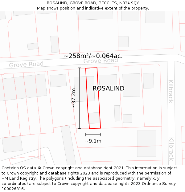ROSALIND, GROVE ROAD, BECCLES, NR34 9QY: Plot and title map
