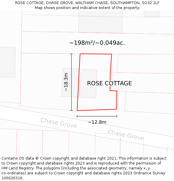 ROSE COTTAGE, CHASE GROVE, WALTHAM CHASE, SOUTHAMPTON, SO32 2LF: Plot and title map