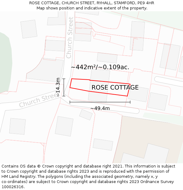 ROSE COTTAGE, CHURCH STREET, RYHALL, STAMFORD, PE9 4HR: Plot and title map