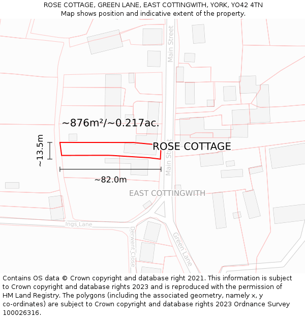 ROSE COTTAGE, GREEN LANE, EAST COTTINGWITH, YORK, YO42 4TN: Plot and title map