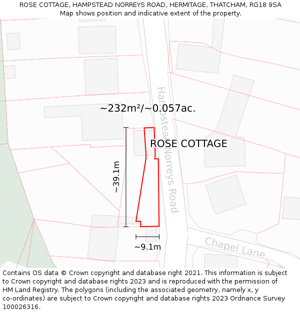 ROSE COTTAGE, HAMPSTEAD NORREYS ROAD, HERMITAGE, THATCHAM, RG18 9SA: Plot and title map