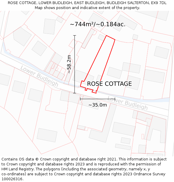 ROSE COTTAGE, LOWER BUDLEIGH, EAST BUDLEIGH, BUDLEIGH SALTERTON, EX9 7DL: Plot and title map