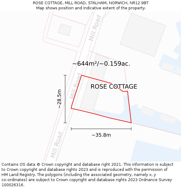 ROSE COTTAGE, MILL ROAD, STALHAM, NORWICH, NR12 9BT: Plot and title map