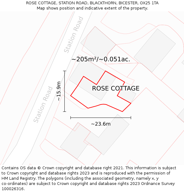 ROSE COTTAGE, STATION ROAD, BLACKTHORN, BICESTER, OX25 1TA: Plot and title map