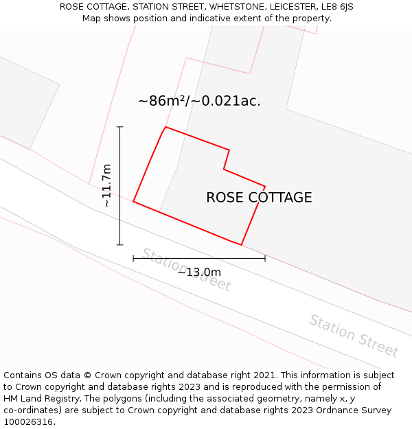 ROSE COTTAGE, STATION STREET, WHETSTONE, LEICESTER, LE8 6JS: Plot and title map