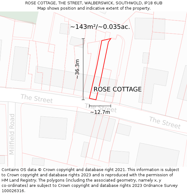 ROSE COTTAGE, THE STREET, WALBERSWICK, SOUTHWOLD, IP18 6UB: Plot and title map