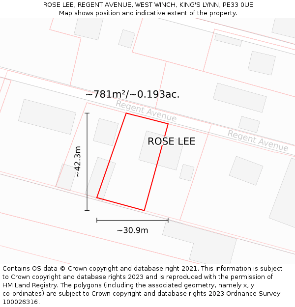 ROSE LEE, REGENT AVENUE, WEST WINCH, KING'S LYNN, PE33 0UE: Plot and title map