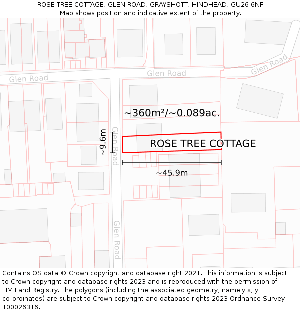 ROSE TREE COTTAGE, GLEN ROAD, GRAYSHOTT, HINDHEAD, GU26 6NF: Plot and title map