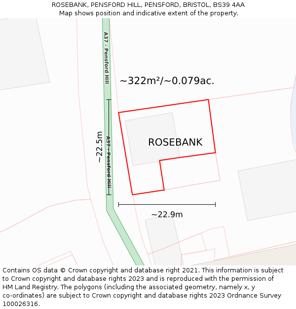 ROSEBANK, PENSFORD HILL, PENSFORD, BRISTOL, BS39 4AA: Plot and title map