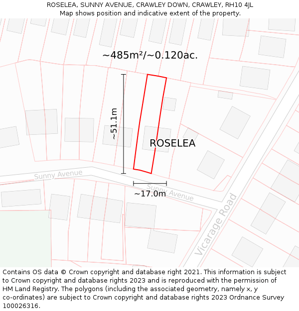 ROSELEA, SUNNY AVENUE, CRAWLEY DOWN, CRAWLEY, RH10 4JL: Plot and title map