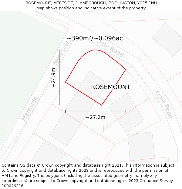 ROSEMOUNT, MERESIDE, FLAMBOROUGH, BRIDLINGTON, YO15 1NU: Plot and title map