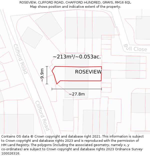 ROSEVIEW, CLIFFORD ROAD, CHAFFORD HUNDRED, GRAYS, RM16 6QL: Plot and title map