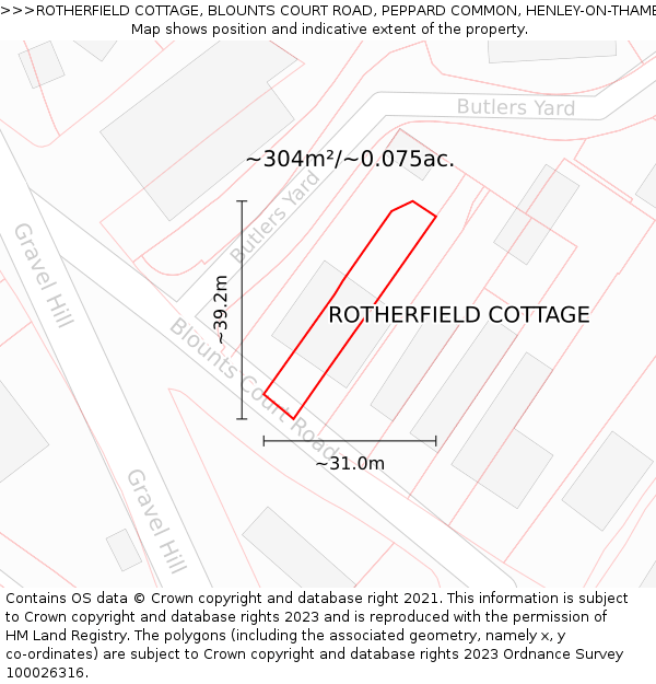 ROTHERFIELD COTTAGE, BLOUNTS COURT ROAD, PEPPARD COMMON, HENLEY-ON-THAMES, RG9 5EU: Plot and title map