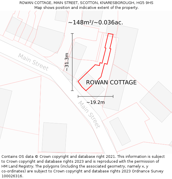 ROWAN COTTAGE, MAIN STREET, SCOTTON, KNARESBOROUGH, HG5 9HS: Plot and title map