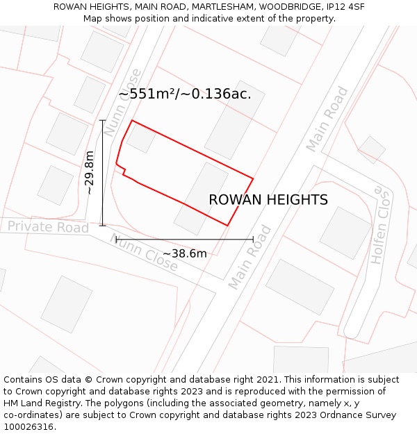 ROWAN HEIGHTS, MAIN ROAD, MARTLESHAM, WOODBRIDGE, IP12 4SF: Plot and title map