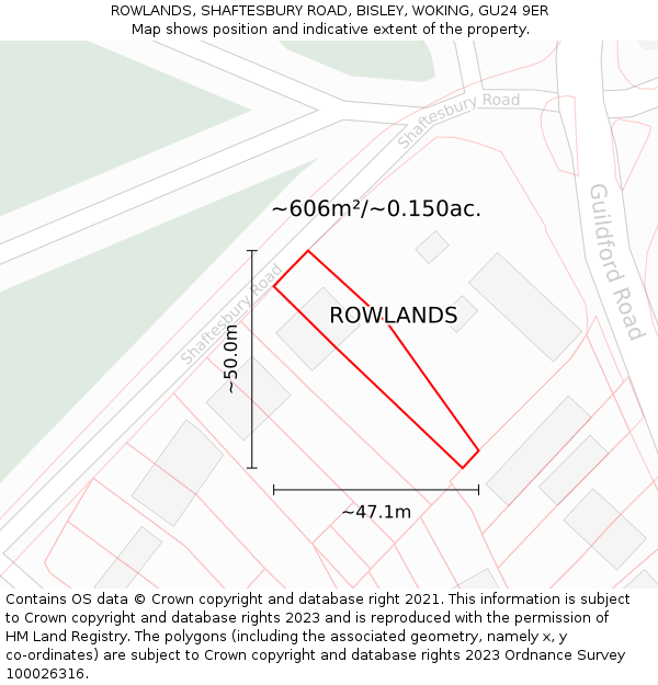 ROWLANDS, SHAFTESBURY ROAD, BISLEY, WOKING, GU24 9ER: Plot and title map